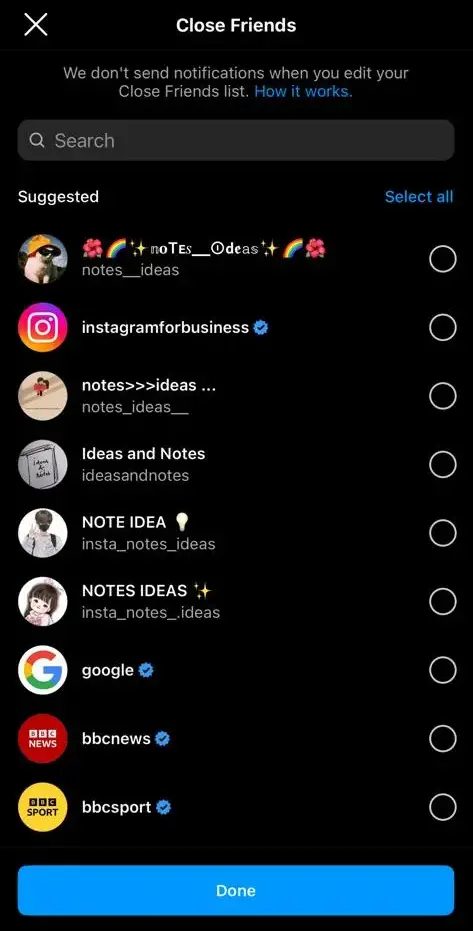 selecting close friends, In instagram new update