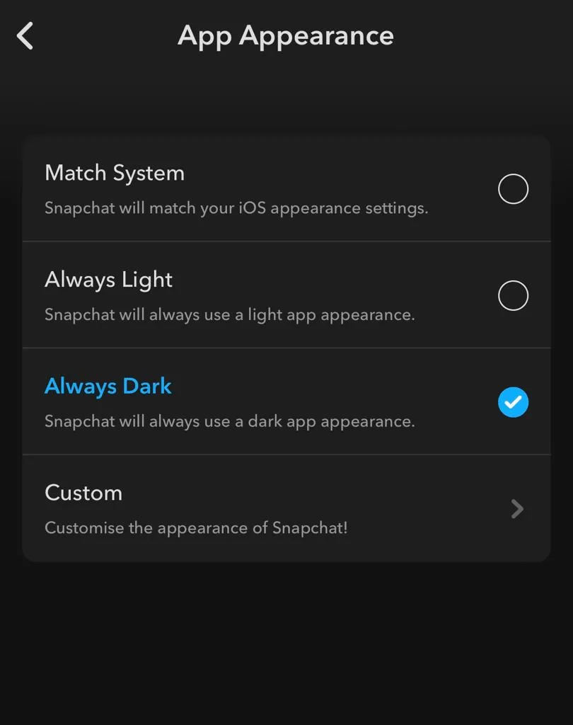 snapchat dark mode setting in apperance