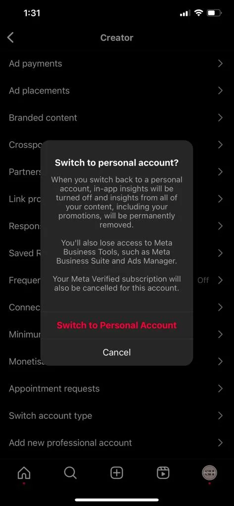 How can I switch Instagram to personal account 
