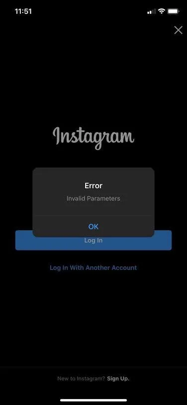 Instagram password invalid parameters