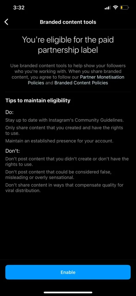 how can i check my eligibility of branded content on Instagram