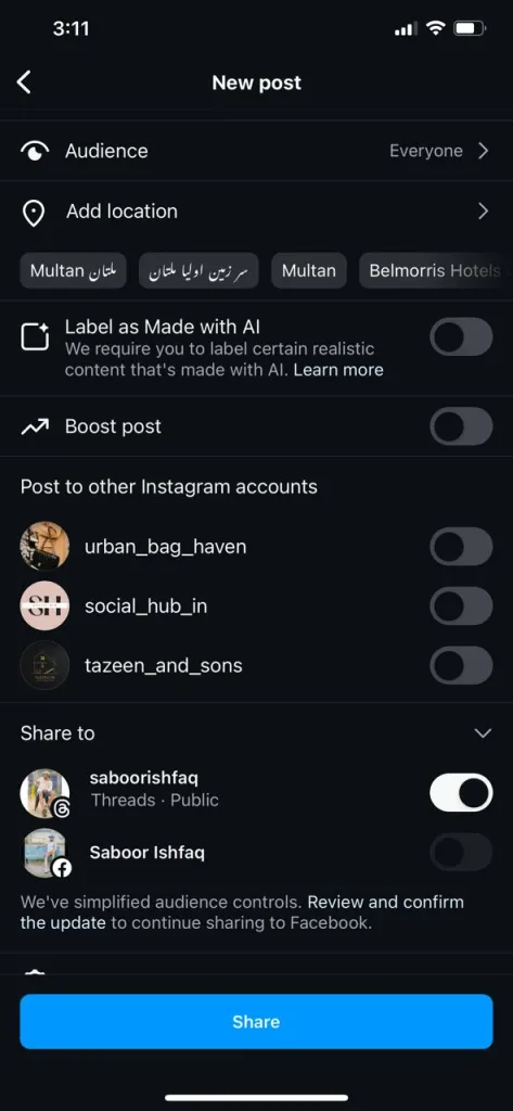 how can i share my post on threads and Instagram at same time 